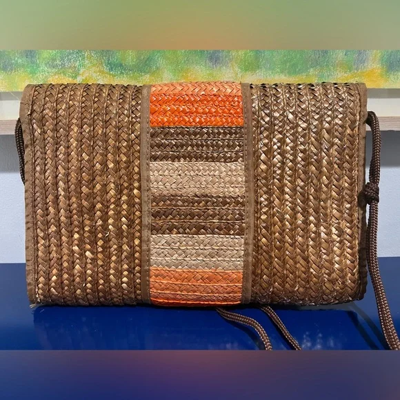 Waves Straw Wicker Purse Envelope Clutch Bag Brown Orange Vintage 70s 80s Lined - Picture 4 of 10